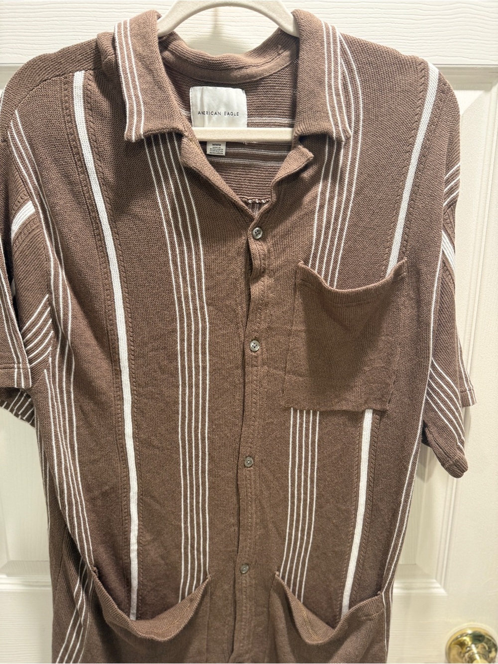 American Eagle Guayabera Sweater Brown Striped Button Front Pockets M Sample - Picture 5 of 8